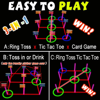 Ring Toss Games Glowing 3-in-1 Tic Tac Toe Game Indoor/Outdoor Games for Adults and Family - Fun Camping, Backyard Toys, Carnival Games or Dorm Room Game, Sticker with Content