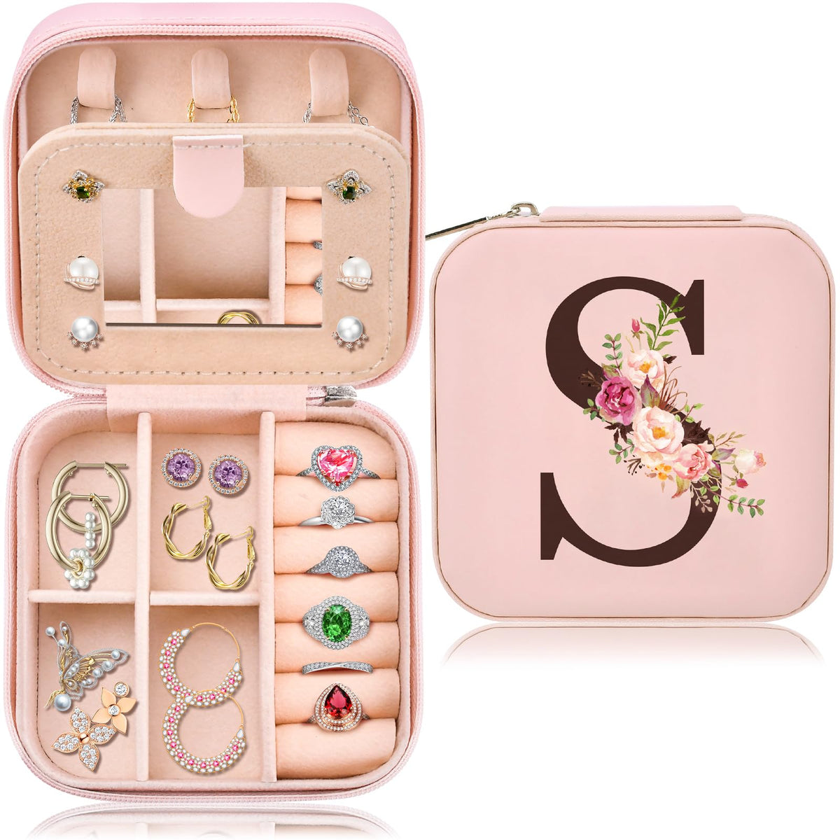 Inngeroo Mothers Day Mom Gifts for Wife Daughter Grandma, Travel Jewelry Case Box Organizer, Personalized Gifts for Women Teen Girls Mom Aunt Sister, Bridesmaid Gifts Traveling Essentials, Initial S