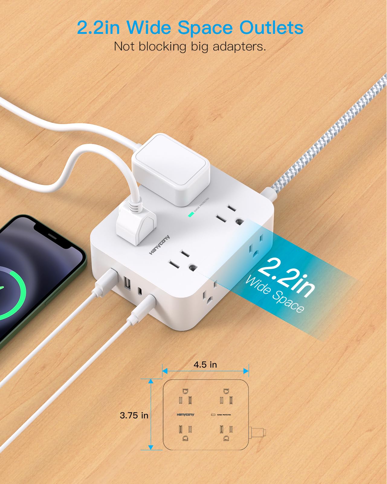 10 ft Extension Cord, HANYCONY 1080J Surge Protector Power Strip Long Cord with 8 AC Outlets and 4 USB Ports (2 USB-C), Wall Mount, Desk Charging Station for Home Office College Dorm Room Essentials