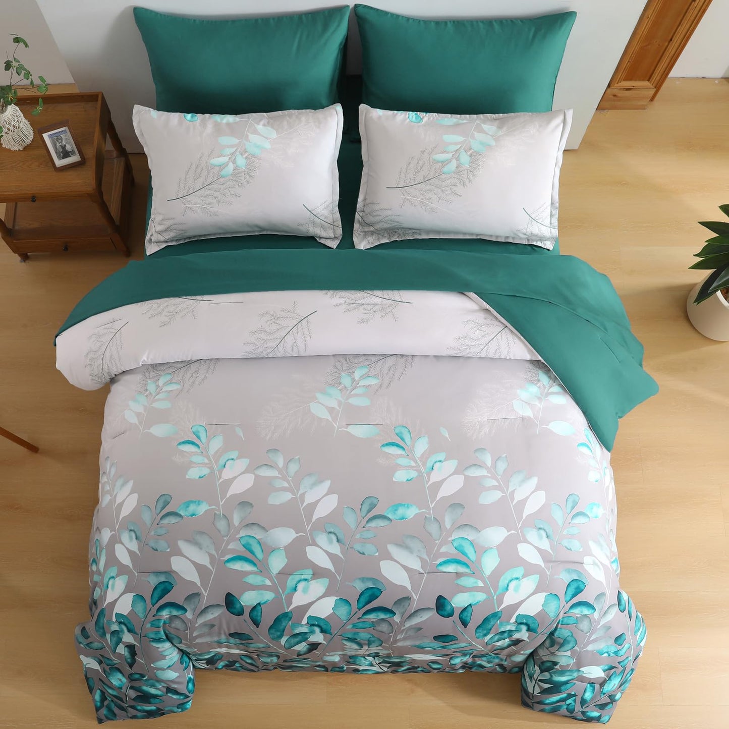 Anibedding Teal Green Floral Comforter Set Queen, 7 Piece Green Botanical Gradient Leaves Ultra Soft Microfiber Down Alternative Bedding Set with Sheets and Bedroom for All Season