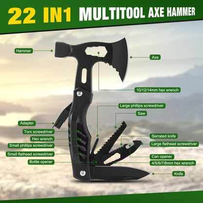 Stocking Stuffers for Adults Men - Gifts for Dad from Daughter Wife, 22 in 1 Hardened Stainless Steel Camping Multitool Hammer Hatchet, Upgrad Portable Camp Axe Screwdriver Set with Nylon Sheath