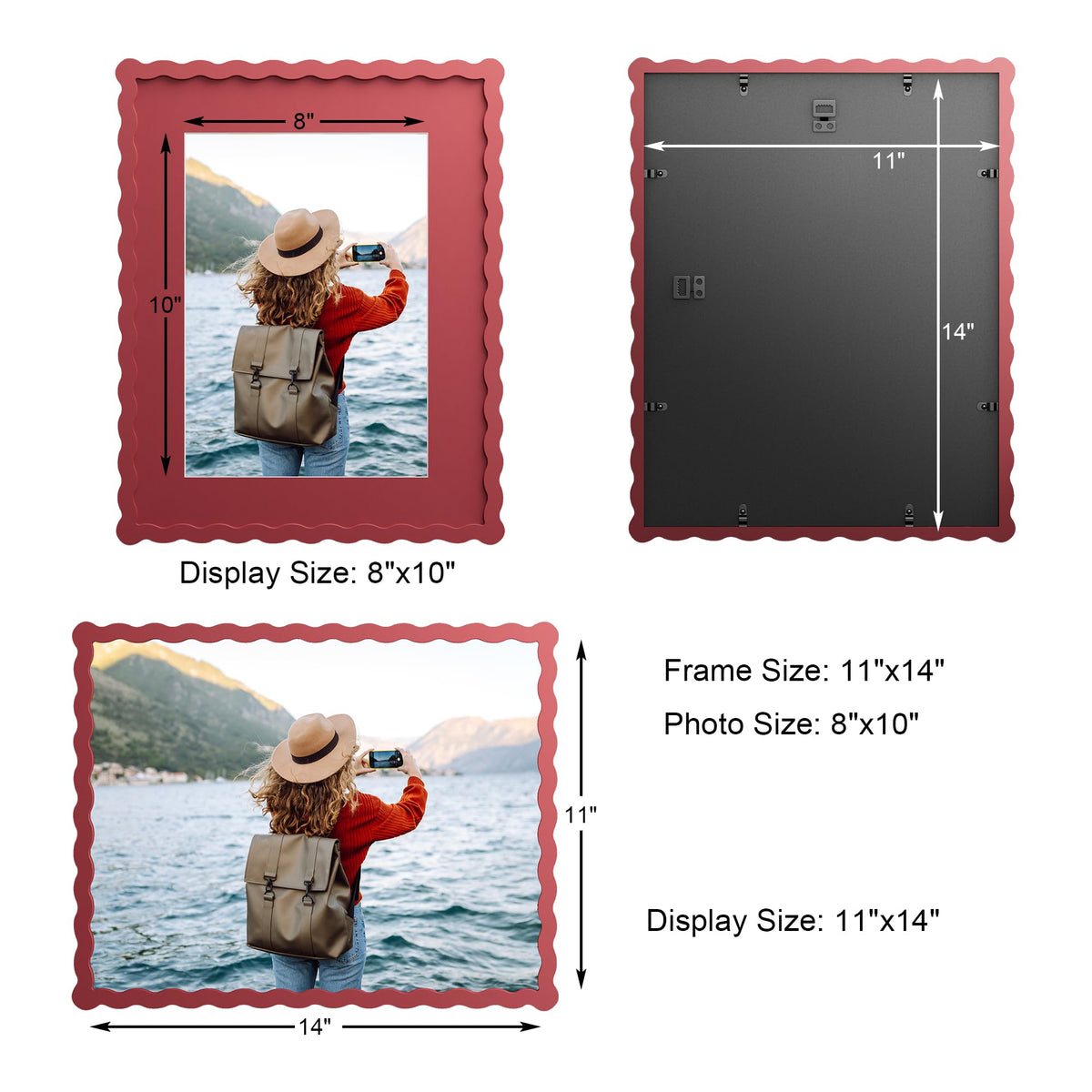 Chrspk 11x14 Wavy Picture Frame With Mat For 8x10, Wavy Edge Wooden Picture Frame with Real Glass - Wall Mount Display, Red, 2 Pack