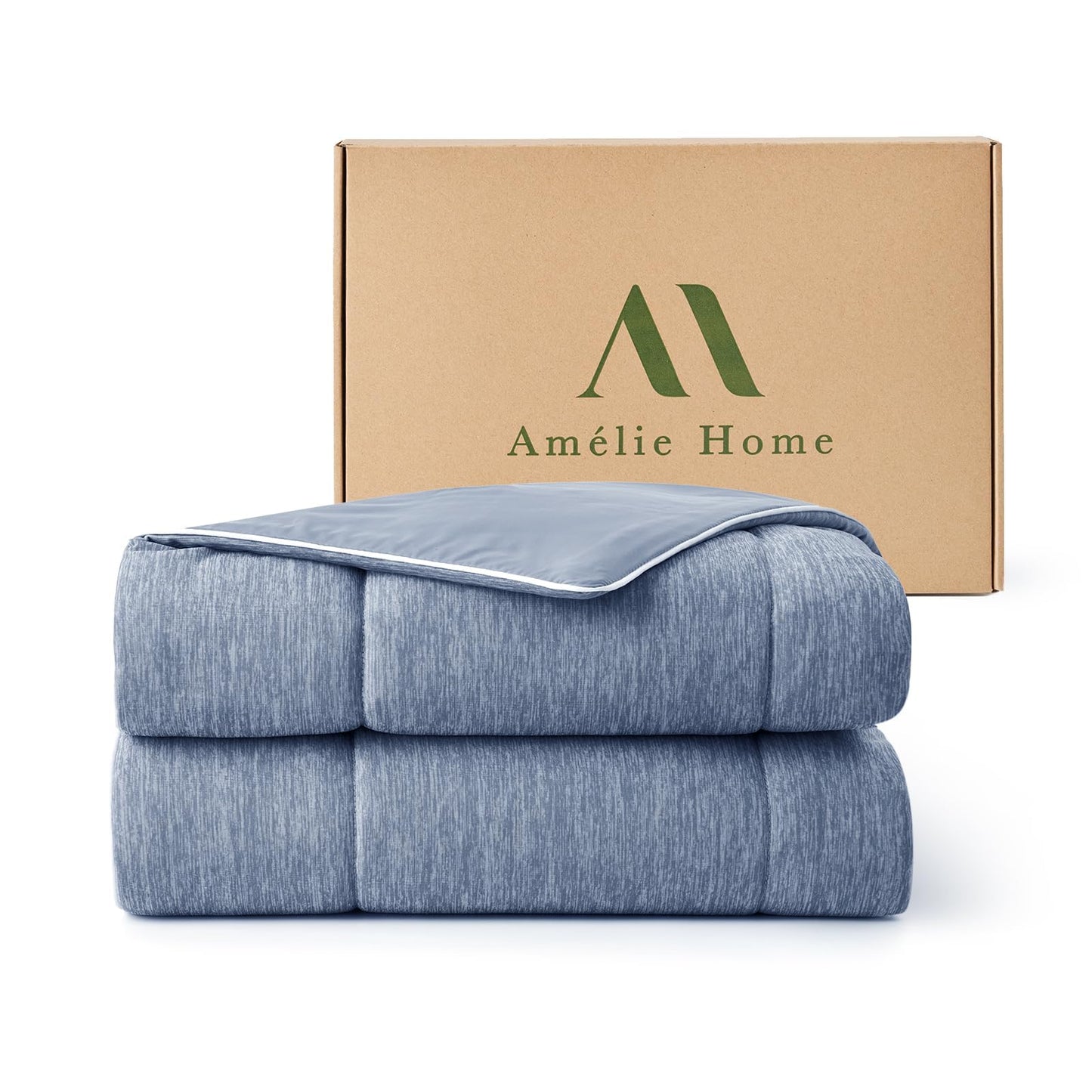 Amélie Home Cooling Comforter Queen Size, Dual-Sided Lightweight Cooling Blanket for Hot Sleepers, Q-Max 0.43 Breathable Cooling Quilt for Night Sweats, 90" x 90", Heather Denim Blue