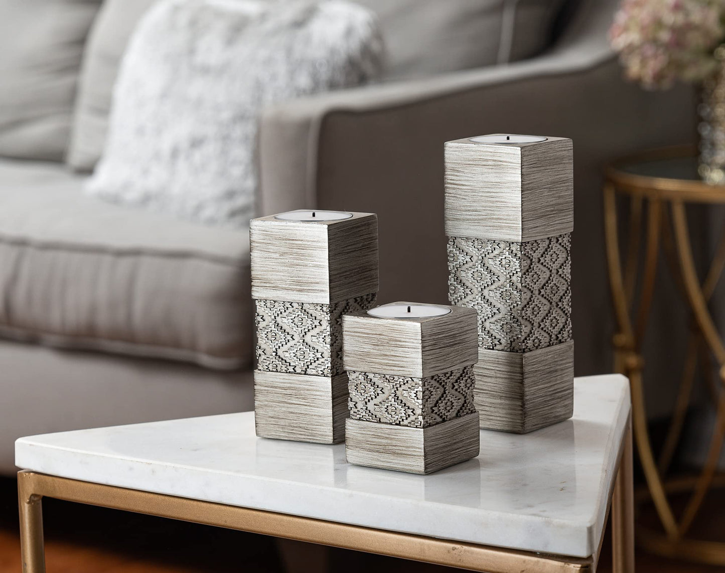 Creative Scents Dublin Silver Small Tealight Candle Holder Set of 3 - Centerpiece for Living Room and Dining Room Table Decor, Coffee Table Decor, Ideal for Fireplace, Entrance or Bathroom