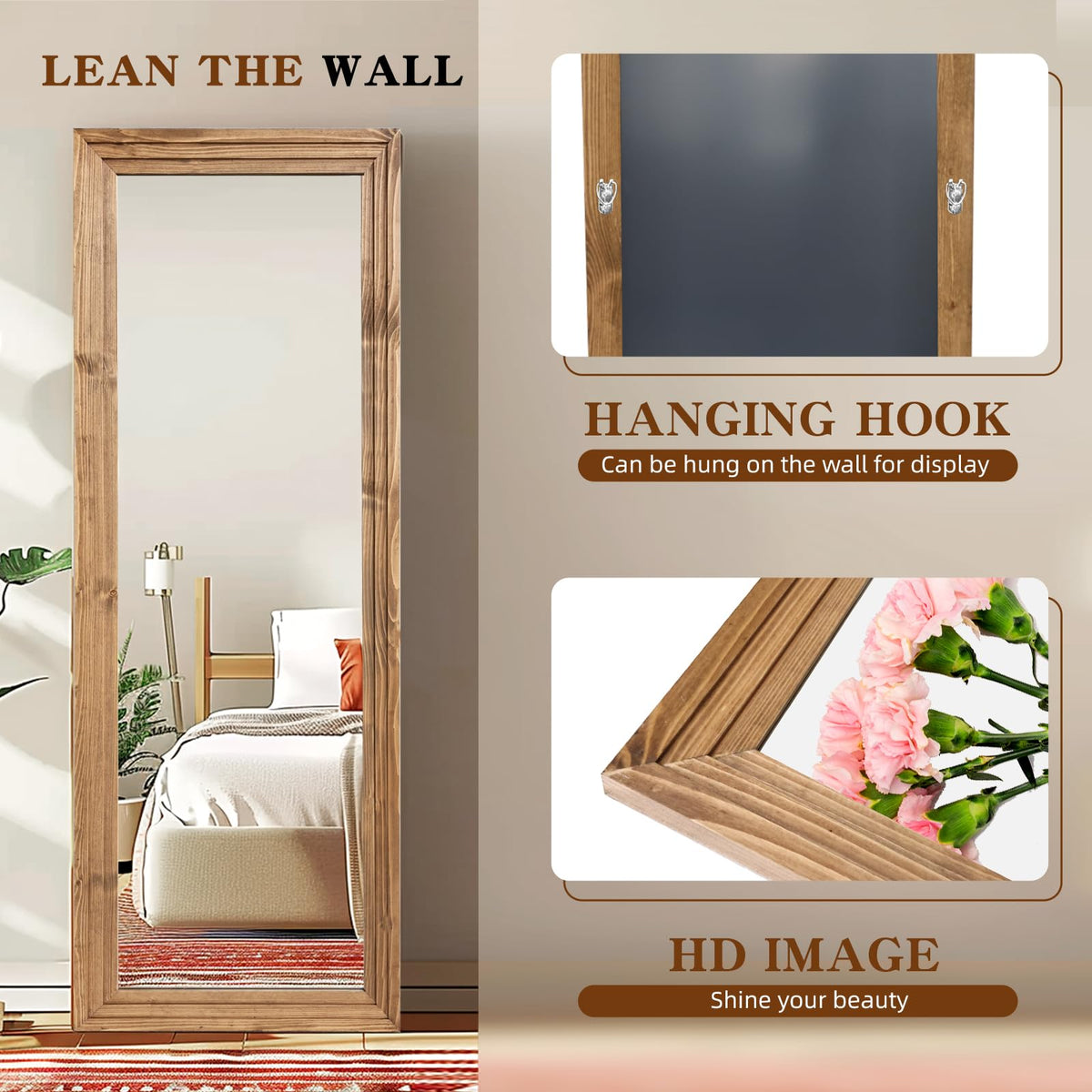 ABSWHLM Full Length Mirror 65"x24" Solid Wood Frame Floor Large Mirror for Living Room, Bedroom Hanging or Leaning Wall-Mounted, Light Brown