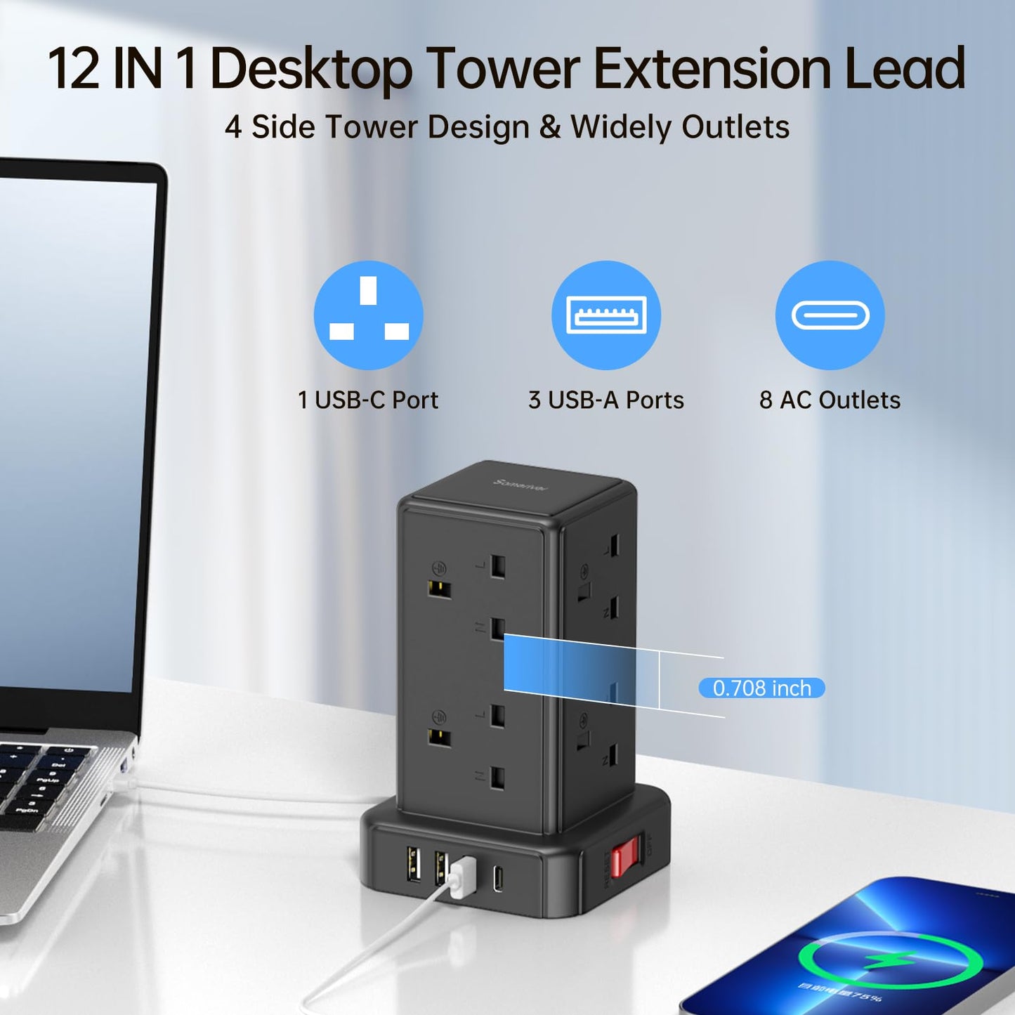 Tower Extension lead Surge Protection Extension Lead with Switch (13A 3250W) 8 AC Outlets & 4 USB Ports Plug Extension Socket Extension Cable 2M Mini Power Strip for Home, Office