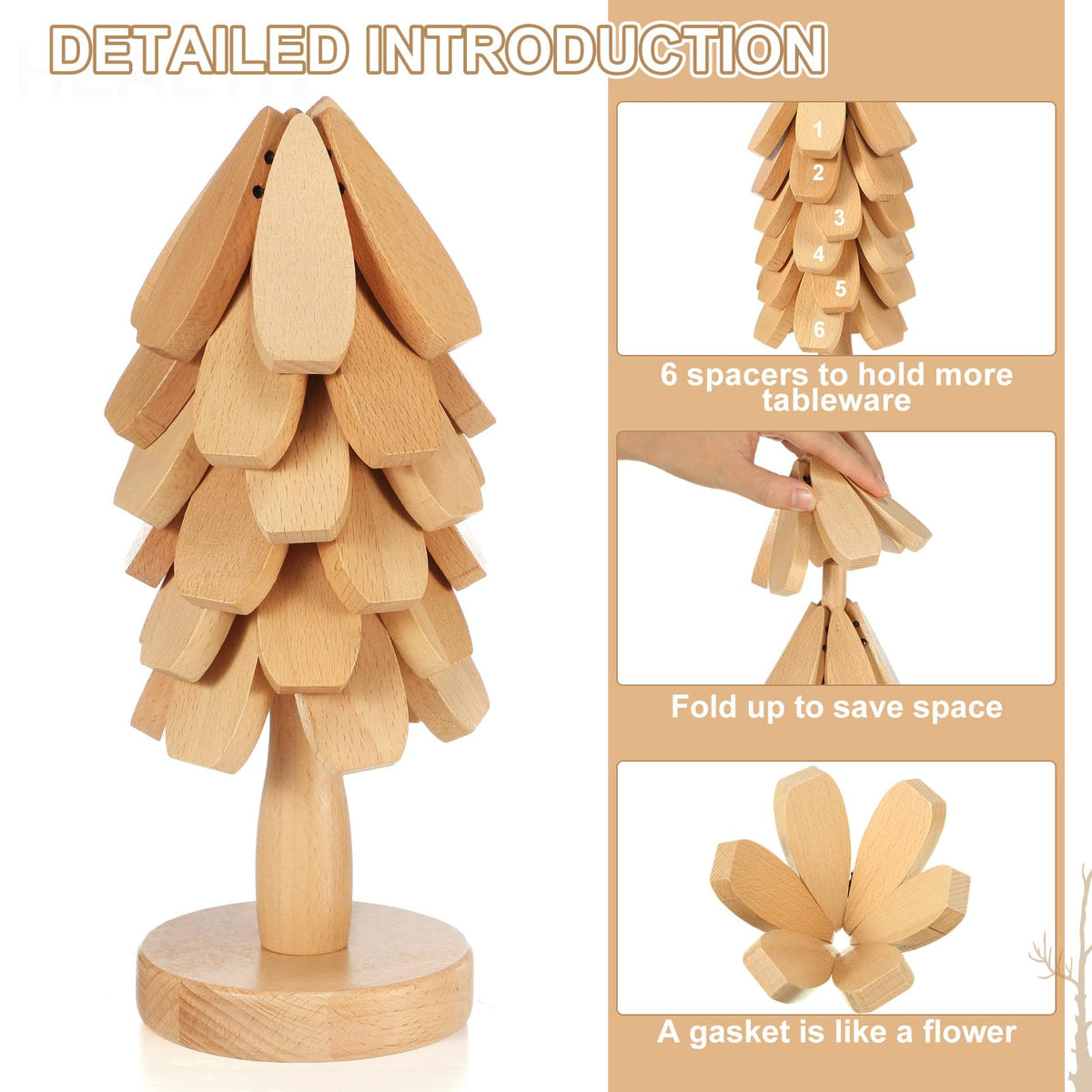 Yerliker Tree Coasters Set of 12, Wooden Trivets for Hot Dishes, Stackable Trivet Set with Stand, Foldable Beech Wood Tree Table Mat Coaster Holder for Kitchen Counter Pots Pans Plates Pad