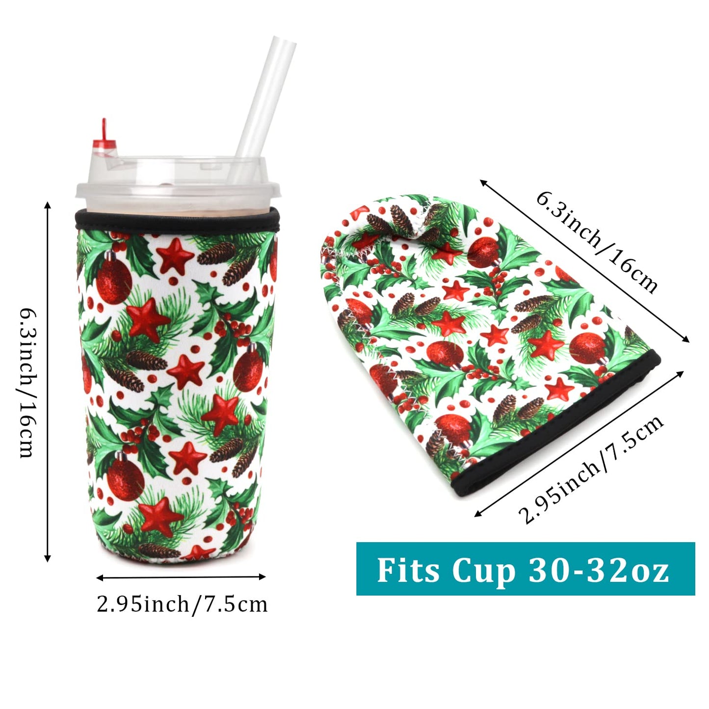 Reusable Iced Coffee Sleeve for Cold Drink Cups, Neoprene Insulator Cup Cover Holder Compatible with Starbucks Dunkin McDonalds Coffee - 3mm Thick (Large Size 30-32oz,Christmas tree style)