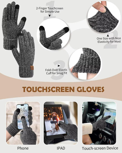 Women Beanie Scarf Gloves Headband Set for Winter, Chenille Beanie Hats Ear Warmer with Fleece Lined Knit Scarf Touchscreen Gloves, 4 in 1 Warm Xmas Gift Set Stocking Stuffers for Women-Beige