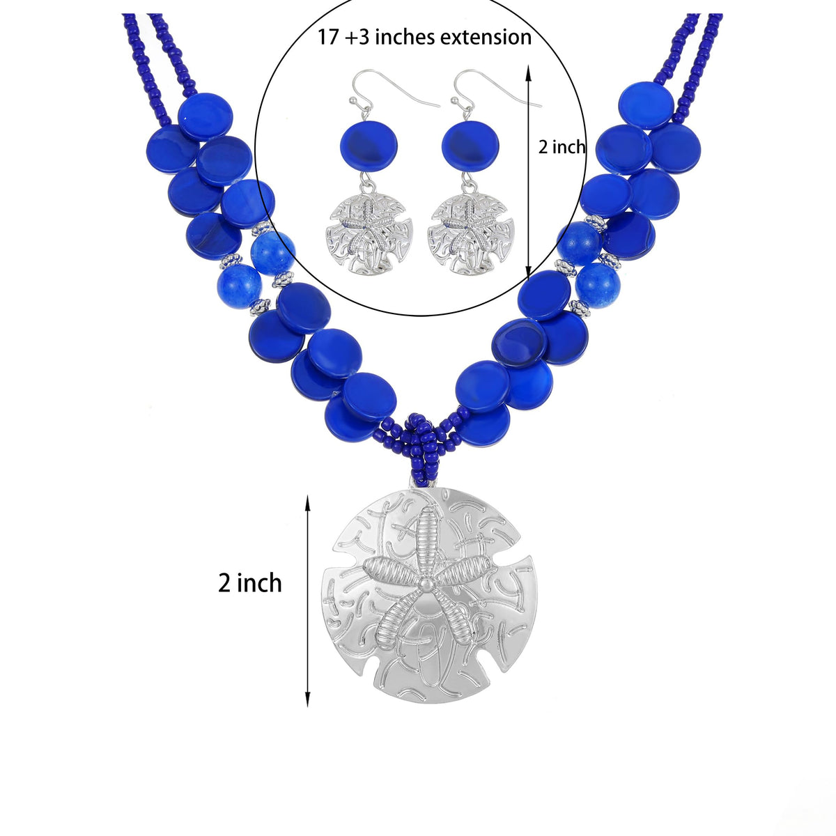 Perla Boho Starfish Necklace for Women, Chunky Layered Shell Beads Choker Necklace and Earrings Set, Ocean-Themed Summer Beach Jewelry (Blue)