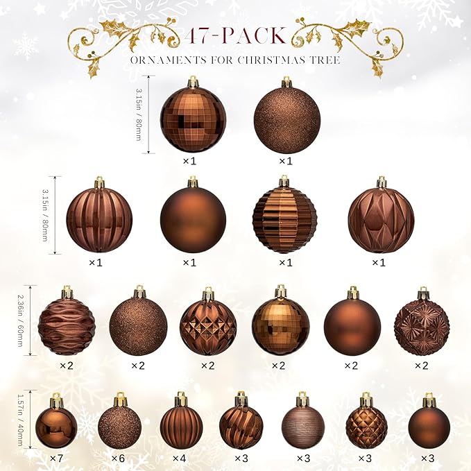 JORNOY Christmas Tree Ornaments Set, 47 Pack Assorted Shatterproof Hanging Balls Decorations, Plastic Bulbs Bulk with Lanyard for Home Holiday Party Decor, 3-Sizes (Brown)