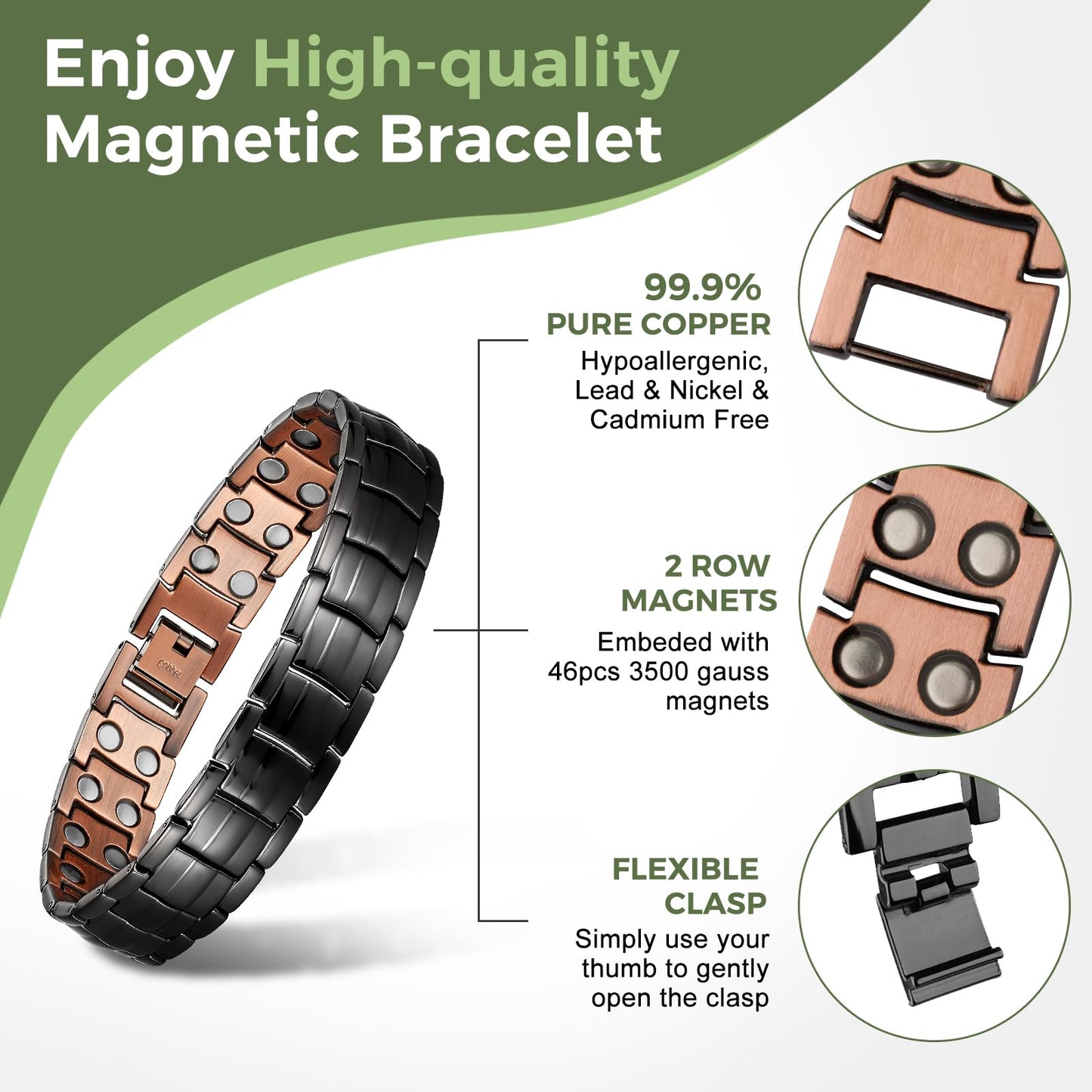 MagEnergy Mens Copper Magnetic Bracelets, 99.9% Pure Copper Bracelet with Double Row Magnets, Adjustable Wristband Brazaletes for Men