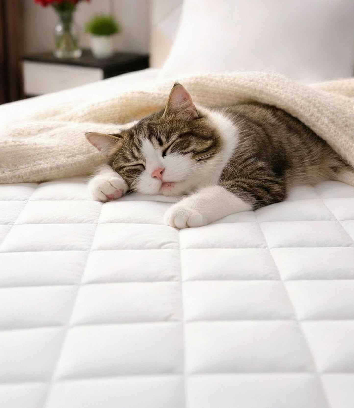 Quilted Fitted Mattress Pad Protector King Size - Elastic Fitted Mattress Topper & Cover - Breathable, Soft, Low Profile Top Cover with 8-16 Inch Deep Pockets - Easy-Fit and Machine Washable - White