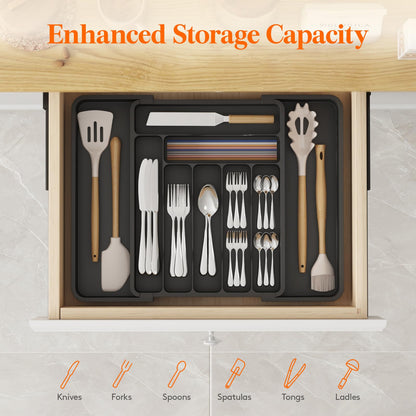 Lifewit Expandable Cutlery Drawer Organiser, Adjustable Cutlery Tray, 9 Compartment, Utensil Holder for Forks, Spoons, Knives, Plastic Kitchen Organiser and Storage, Black