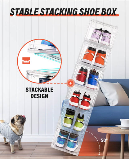 KDOR Shoe Boxes Clear Plastic Stackable 3 Pack Shoe Storage for Sneakerheads, Shoe Display Case Magnetic Door, Strong and Block of UV Protect your Shoes