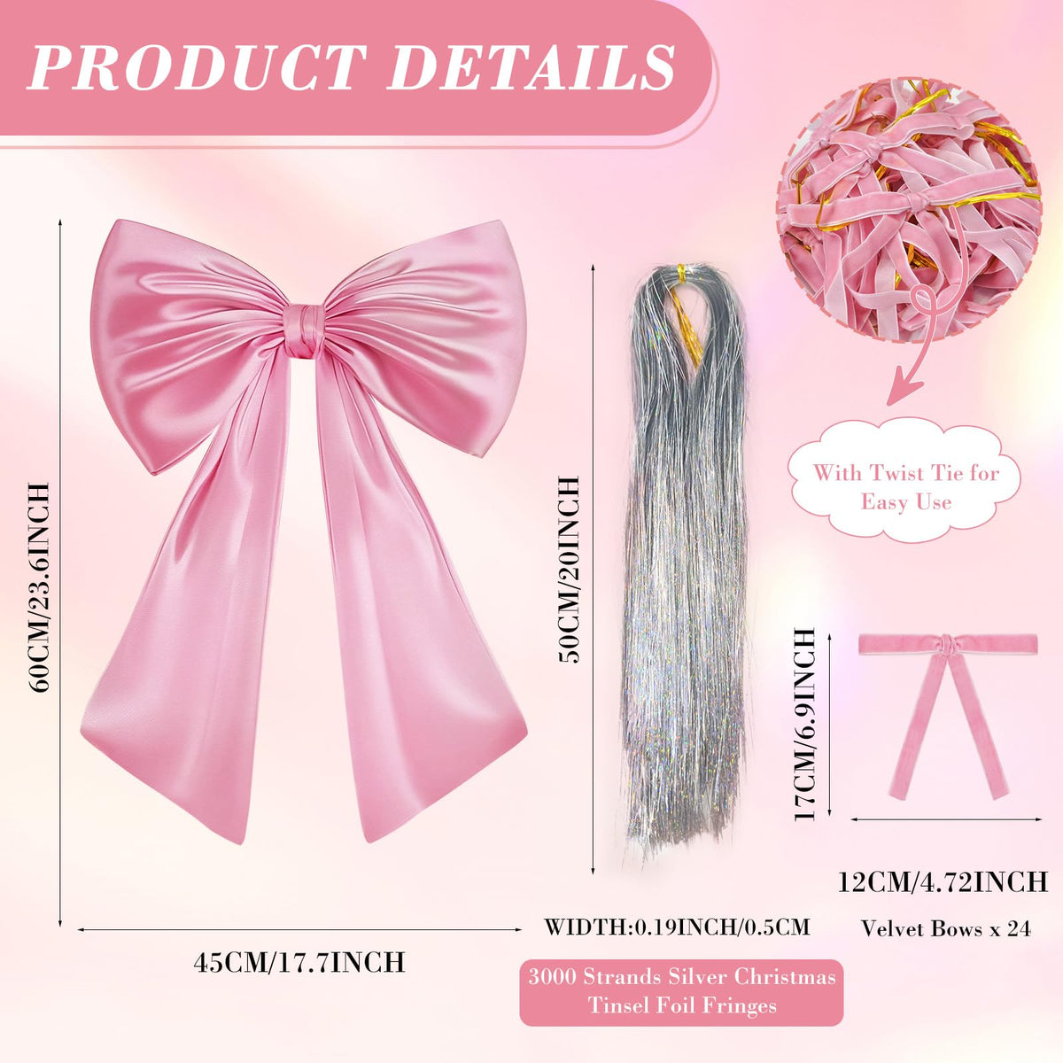 17x23 Inch Large Pink Bow for Christmas Tree Topper Christmas Tree Decoration Set: 24 Small Velvet Bows, 1 Pcs Big Tree Topper Bow, 3000 Strands of Tinsel Icicles for Holiday Decor (Pink)