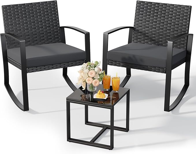3 Pieces Patio Furniture Set Rocking Bistro Set, Outdoor Patio Furniture Set with Coffee Table for Garden Balcony Backyard Poolside (Black Cushion)