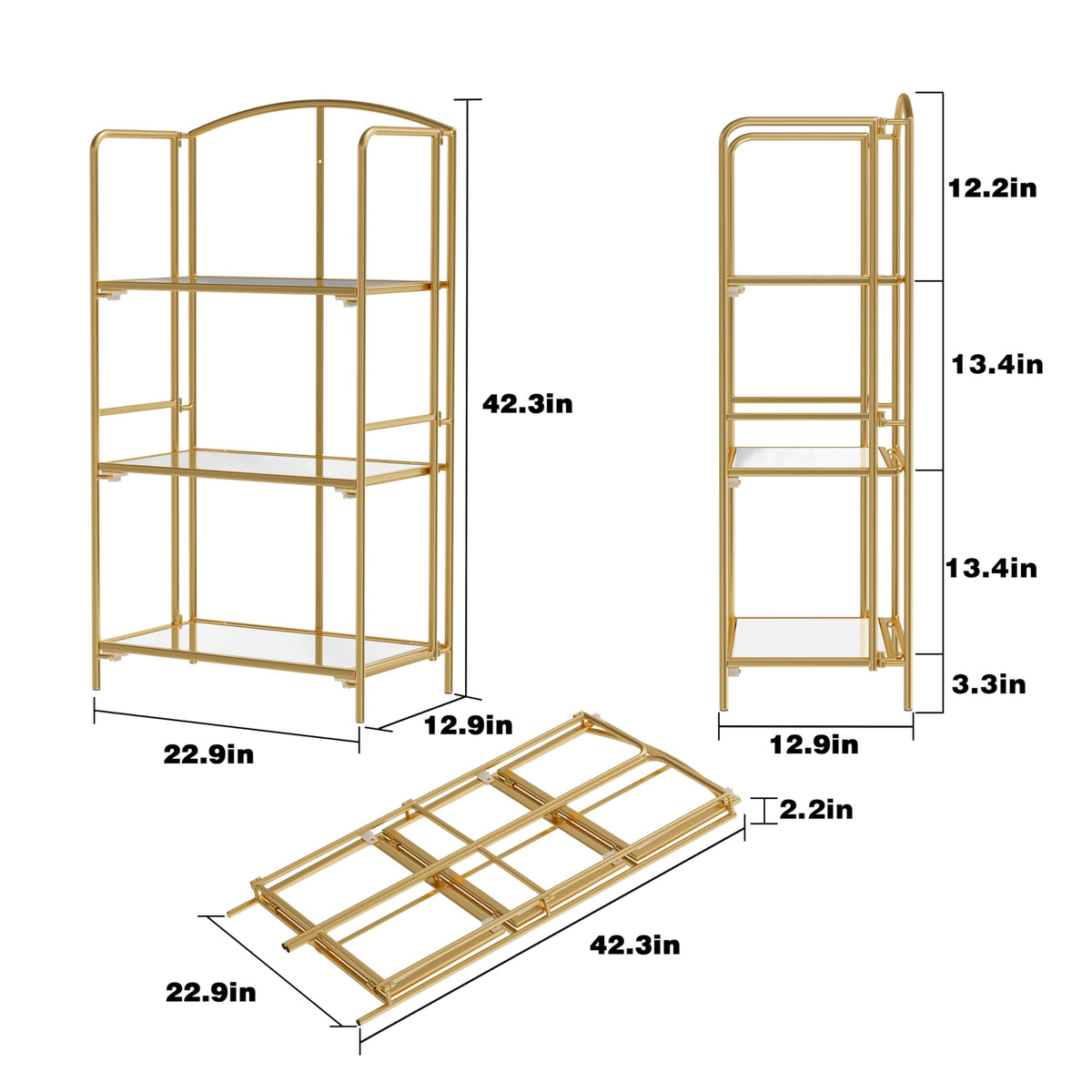 Crofy 3-Tier Foldable Bookshelf, Gold Frame & Transparent Shelves