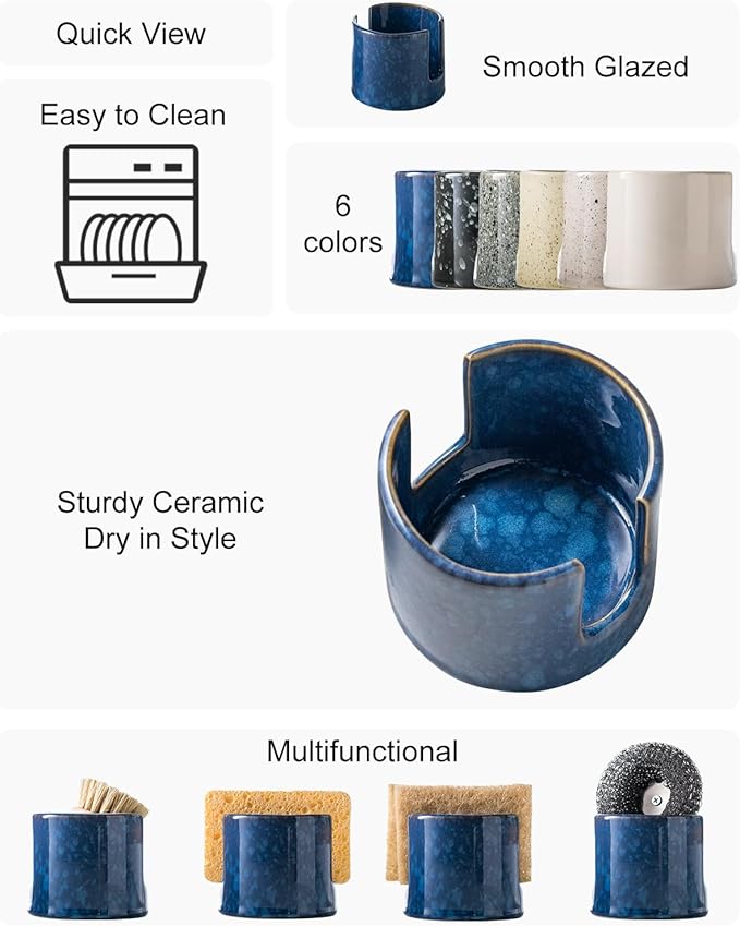Kitchen Sponge Holder, Ceramic Sponge Organizer Scrubby Holder Sink Caddy Dish