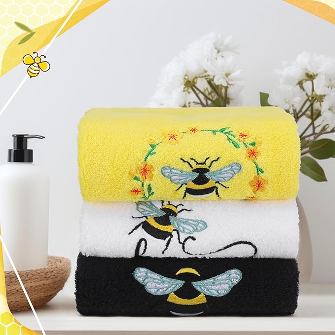 Bee Hand Towels Farmhouse Summer Yellow Bathroom Decor 14x29 Inch Embroidered