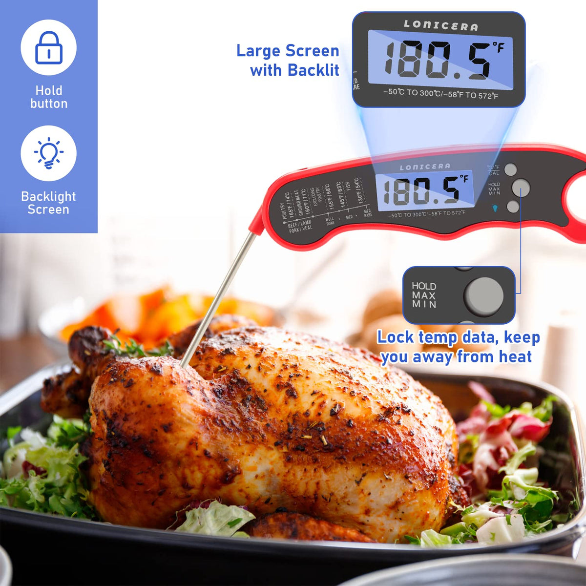 Lonicera Digital Thermometer for Cooking Food and Meat. Waterproof & Instant Read for Kitchen Baking, BBQ. with Foldable Probe, Backlight & Calibration (Red)