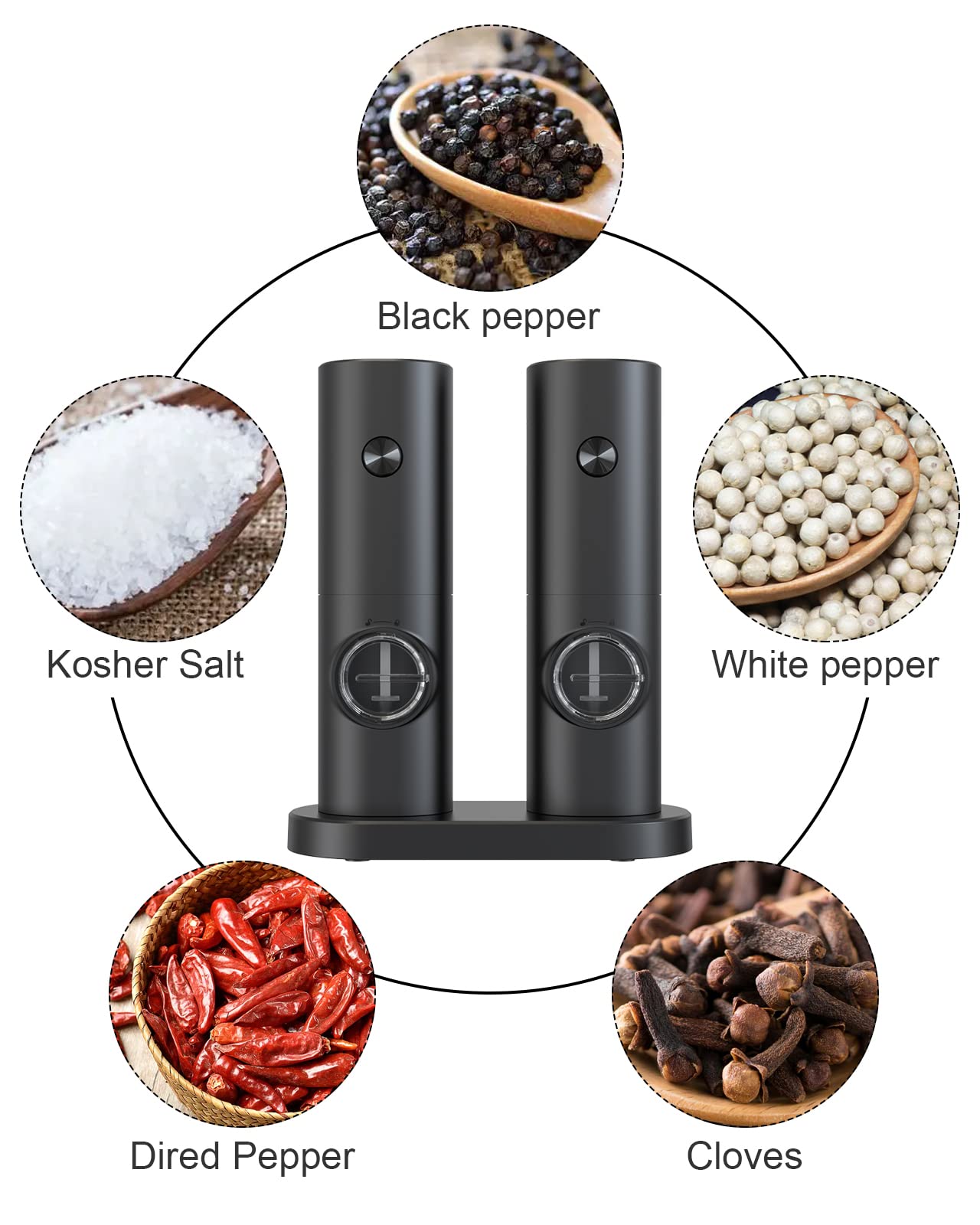 COKUNST Electric Pepper and Salt Grinder Set, Battery Powered Adjustable 5 Levels of Coarseness Black Pepper Mills with Stand, Automatic Grinding with LED Light for BBQ Resturant Kitchen