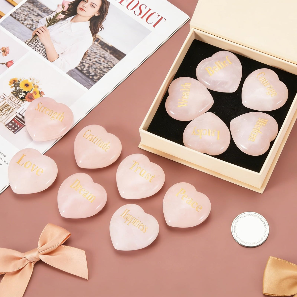 PATIKIL 2Pcs Natural Heart Shaped Crystal Stone, 1.2" Love Worry Stone with Inspirational Words, Pocket Rock Anxiety Crystals for Women Stress Gifts Meditation, Pink(Trust)
