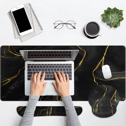 Britimes Black Gold Marble Keyboard Mouse Pad Set 4in1 Large Mousepad+Keyboard Wrist Rest+Mouse Wrist Rest+Coaster Ergonomic Design for Home Office Computer 35.4x15.7 inches