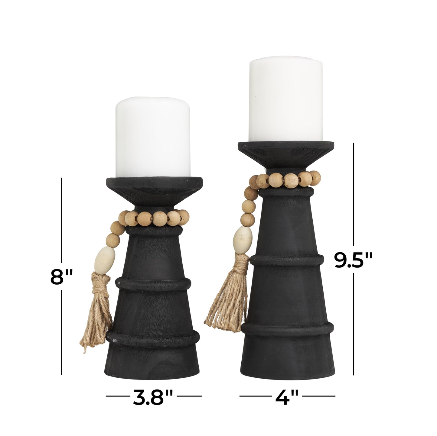 Deco 79 Wood Handmade Decorative Candle Holder Textured Matte Candle Stand with Beaded Garland Accent, Set of 2 Candlestick Holder 10", 8" H, Black