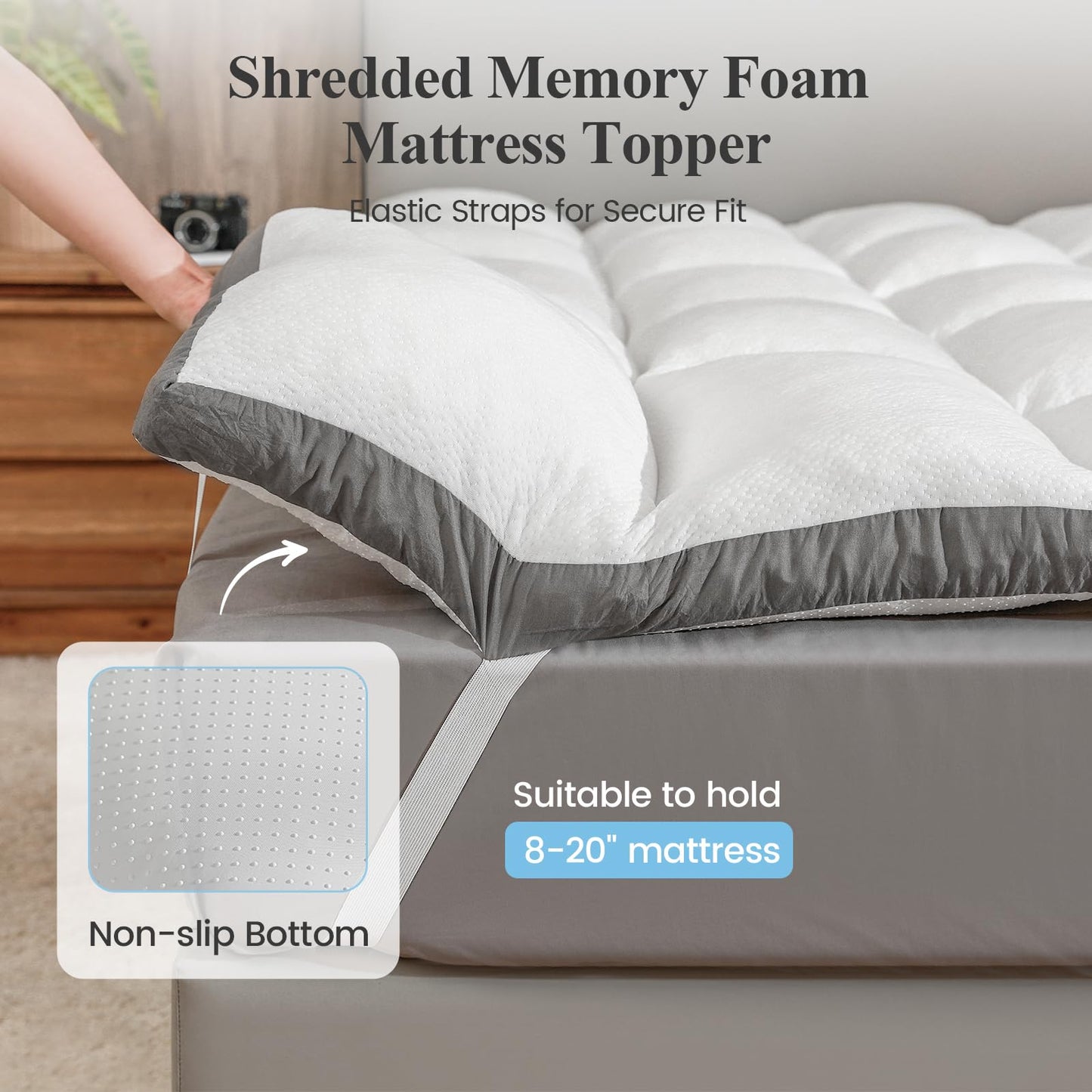 Rainmr Memory Foam Mattress Topper Full - 2000GSM Pillow Top Mattress Topper Full Size, Soft Plush Bed Pad for Pressure Relief & Back Support, White, Oeko-TEX Certified