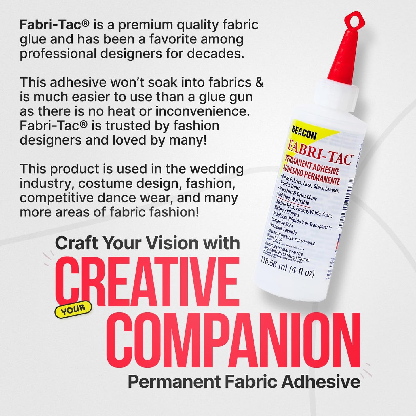 Beacon Fabri-Tac 118ml Permanent Adhesive Fabric Glue - Strong Leather Glue for Lace, Clothes, Glass, Wood & Trims - Quick Drying Craft Glue for Upholstery, Home decor & Household Repairs