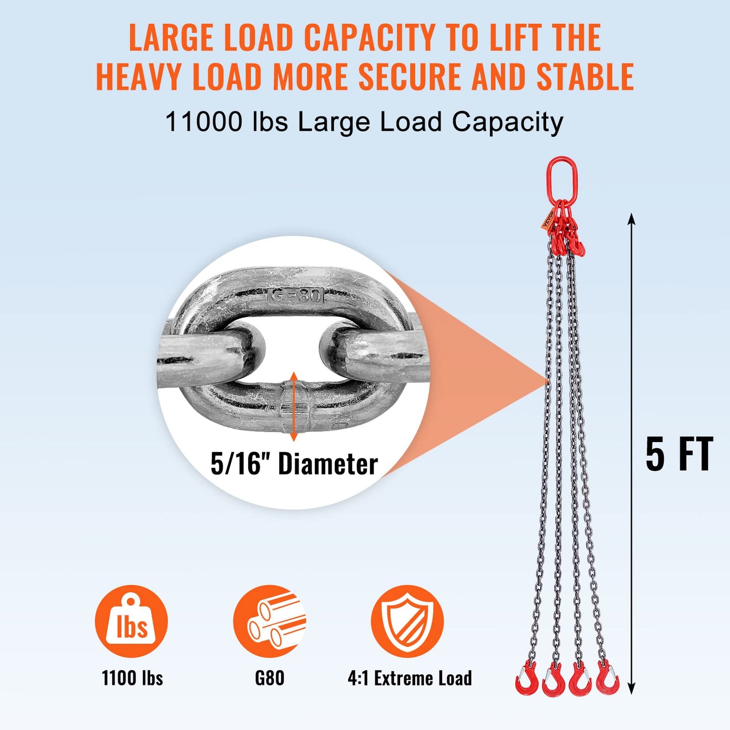 VEVOR Chain Sling, 5/16 Inch X 5 Ft Lifting Chains with Hooks, G80 Engine Chain Hoist Lifts, 11000LBS Lifting Sling Chains for Engine Hoist, Engine Lift Chain 5T with 4 Leg Grab Hooks and Adjusters