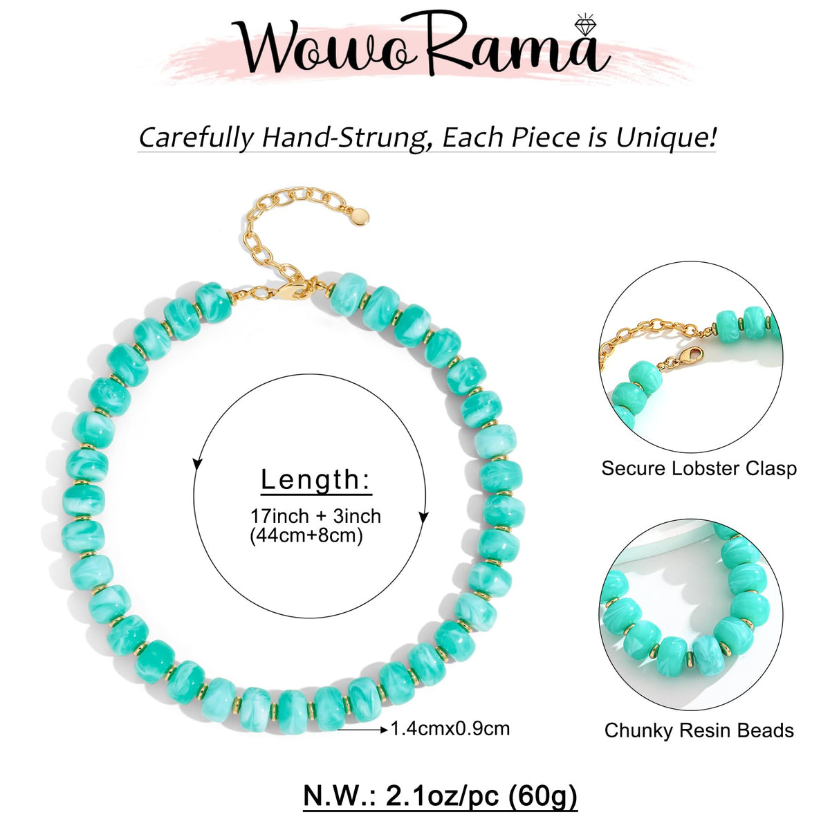 WOWORAMA Chunky Beaded Necklace for Women Lake Blue Resin Beads Choker Necklace Boho Blue Chunky Statement Necklaces Trendy Summer Holiday Jewelry