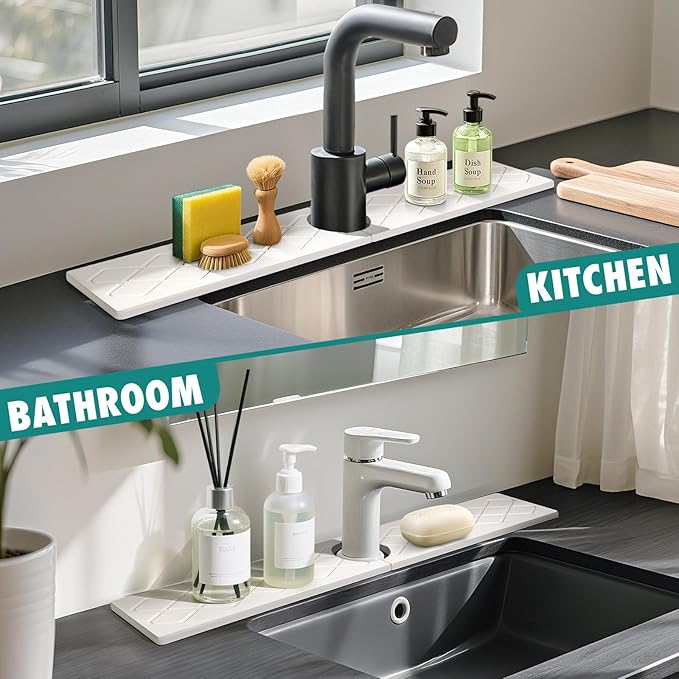 23.6 Inch Stone Faucet Mat for Kitchen Sink, Diatomite Absorbent Fast Drying