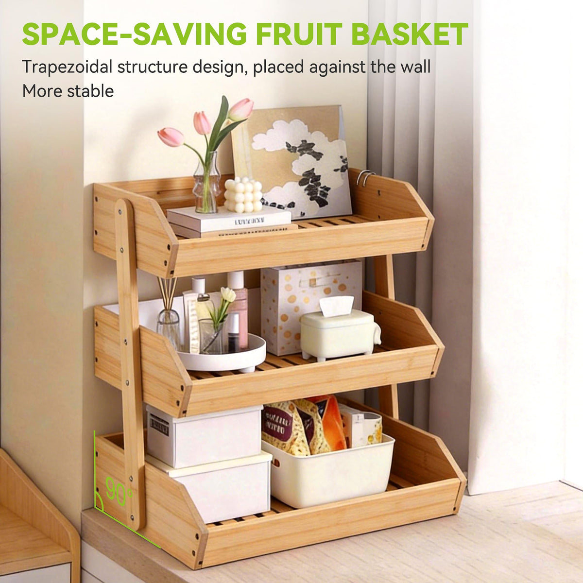 Fyvva Bamboo Fruit Basket, 3-Tier Fruit Basket for Kitchen Counter, Large Fruit Bowl with 2 Banana Hangers for Storing Fruit, Vegetables, and Organising Snacks, Bread (Natural)