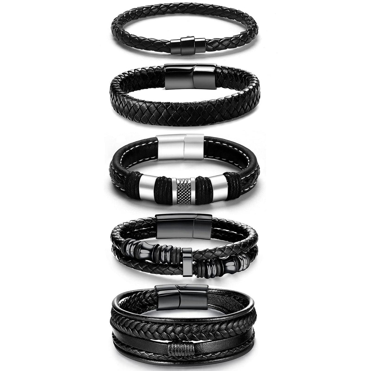 LOWNOUR Black Leather Bracelets for Men Women 5pcs Mens Bracelet Leather and Steel Braided Cuff Bracelets (7.5inch)