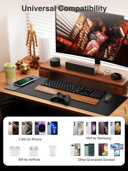 2-in-1 Mouse Pad with Magnetic Wireless Charging, 31.5"x11.8" Large, Waterproof Smooth Surface, Non-Slip Base, No Adapter, Black