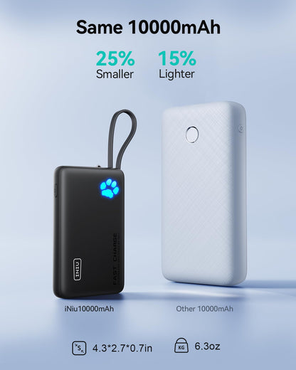 INIU 45W Portable Charger, 10000mAh Built-in USB C Cable Fast Charging Power Bank, Small Type C Battery Pack, Powerbank for iPhone 17 16 15 14, iPad, Samsung S25 S24 etc. Travel Camping Essentials