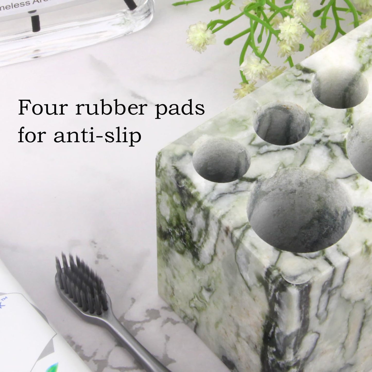 Natural Marble Toothbrush Holder,Large Bathroom Organizer Countertop,Stone Toothbrush and Toothpaste Stand with Non-Slip Silicone Pads (1,Green Emerald,6 Slots)