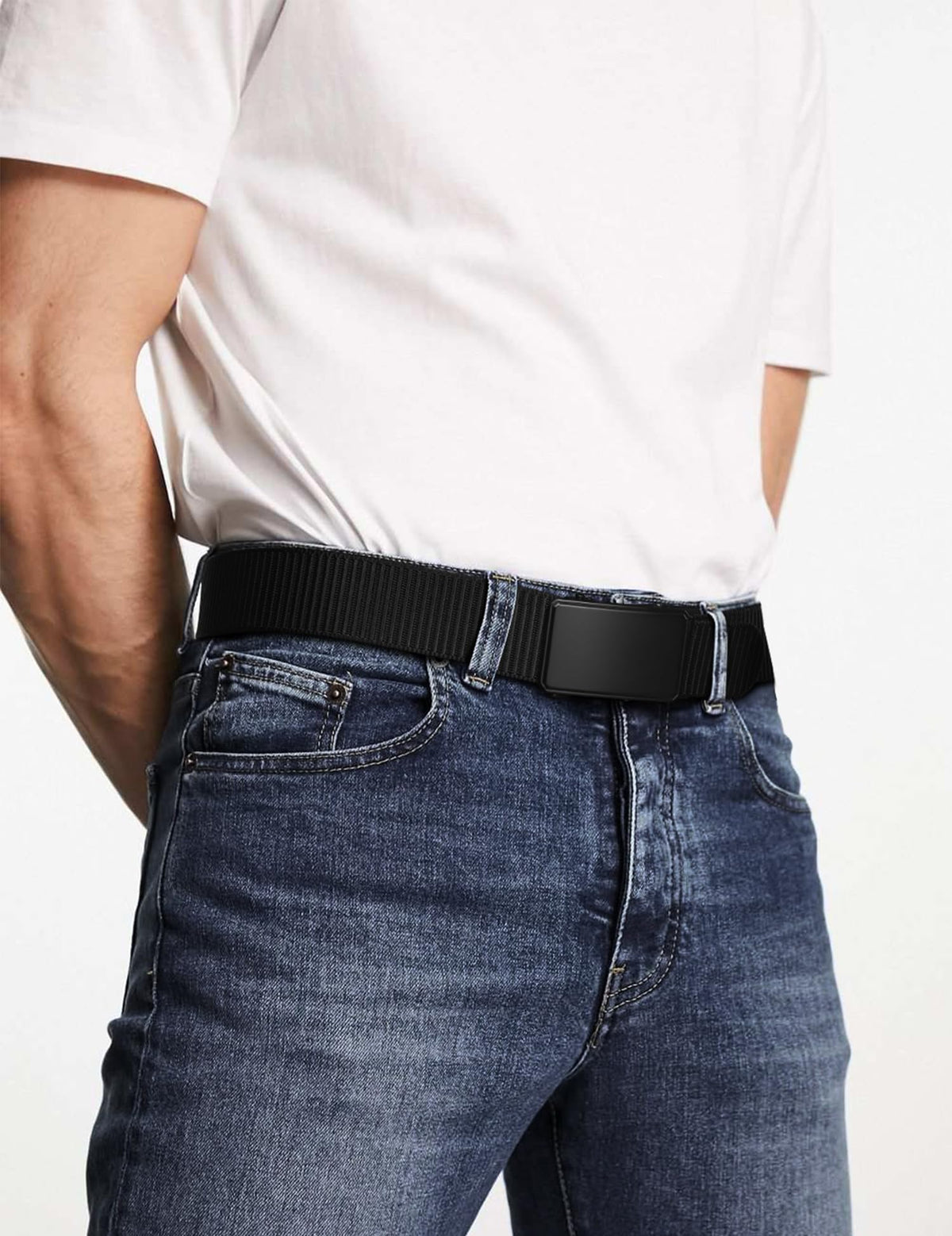 JUKMO Men's 1.5" Nylon Ratchet Belt, Casual Web Click Tactical Belt with Slide Buckle for Jeans, No Holes Adjustable Trim to Fit(Black,Large)