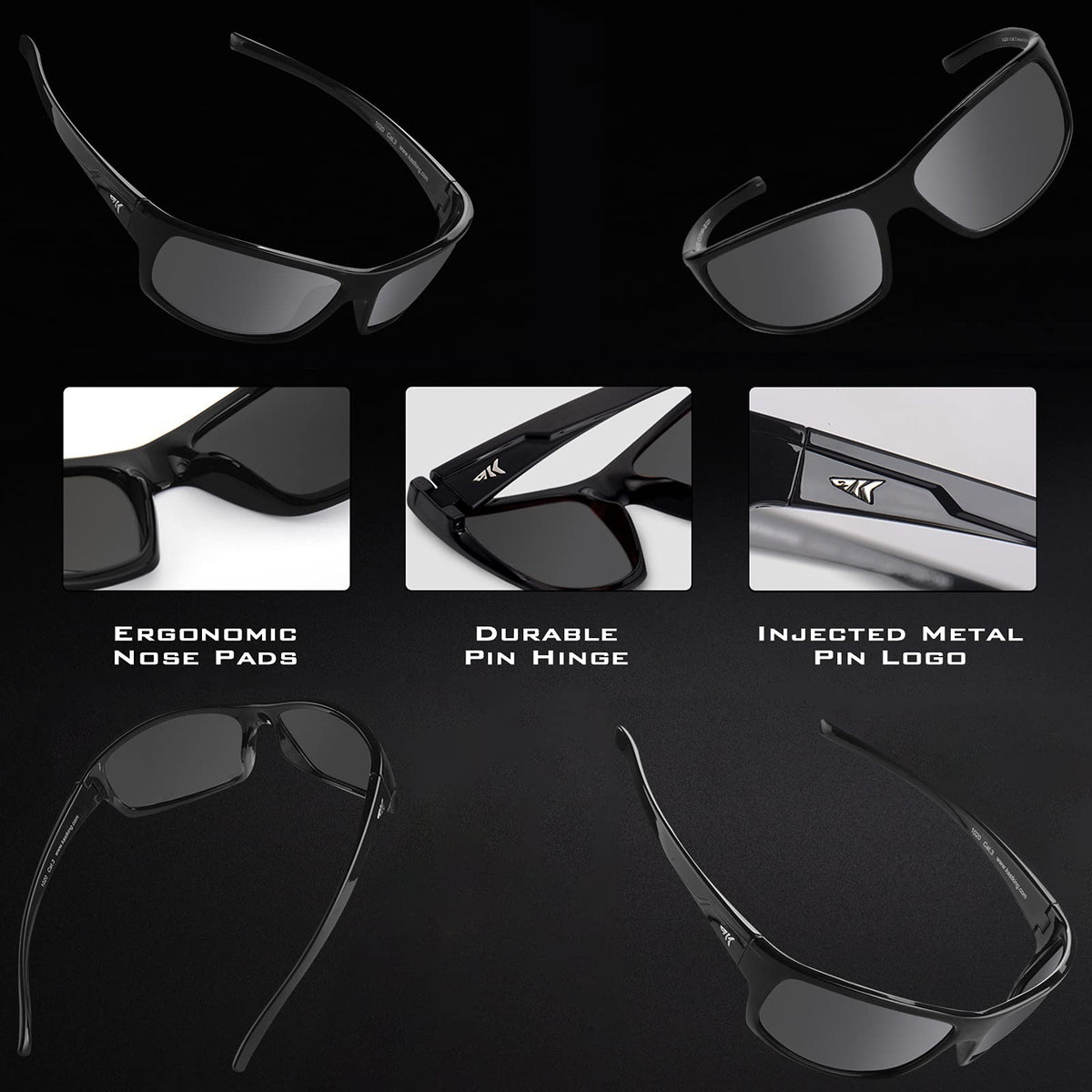 KastKing Kateel Polarized Sport Sunglasses for Men and Women, Gloss Black Frame, Smoke Lens