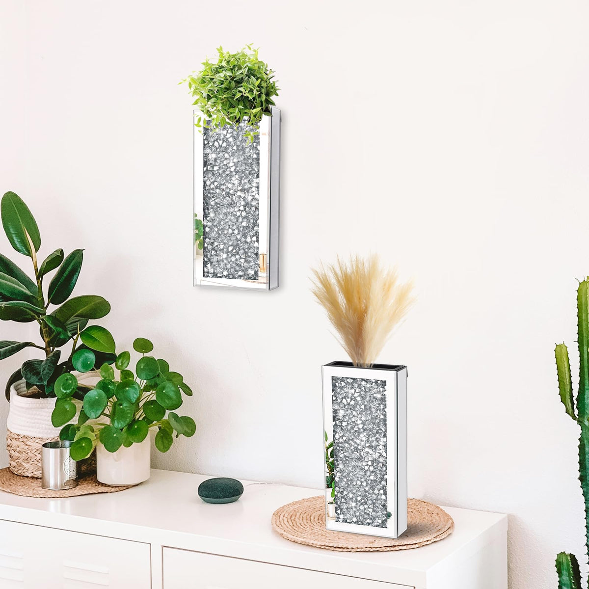 Azonsdop Silver wall Decor Mirrored Vase Set of 3,Crystal Crush Diamond Flower Vase,Stunning Decorative Glass Hanging Planter & Container for Home Wall Decor Befit for Faux Plants Can't Hold Water