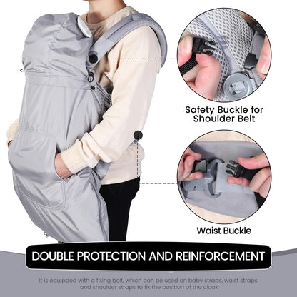 Orzbow Waterproof Baby Carrier Cover, Baby Carrier Cover Winter with Bag, Machine Washable, Central Pocket, Removable Drawstring Top, Bottom Double Two-Way Zippers, Light Grey Bear