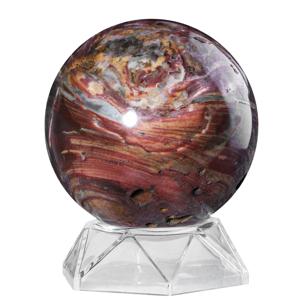 dssmboom Natural Ocean Jasper Crystal Ball with Acrylic Display Base, 71-80mm Polished Stone Feng Shui Crystal Sphere Meditation Decoration for Home & Office