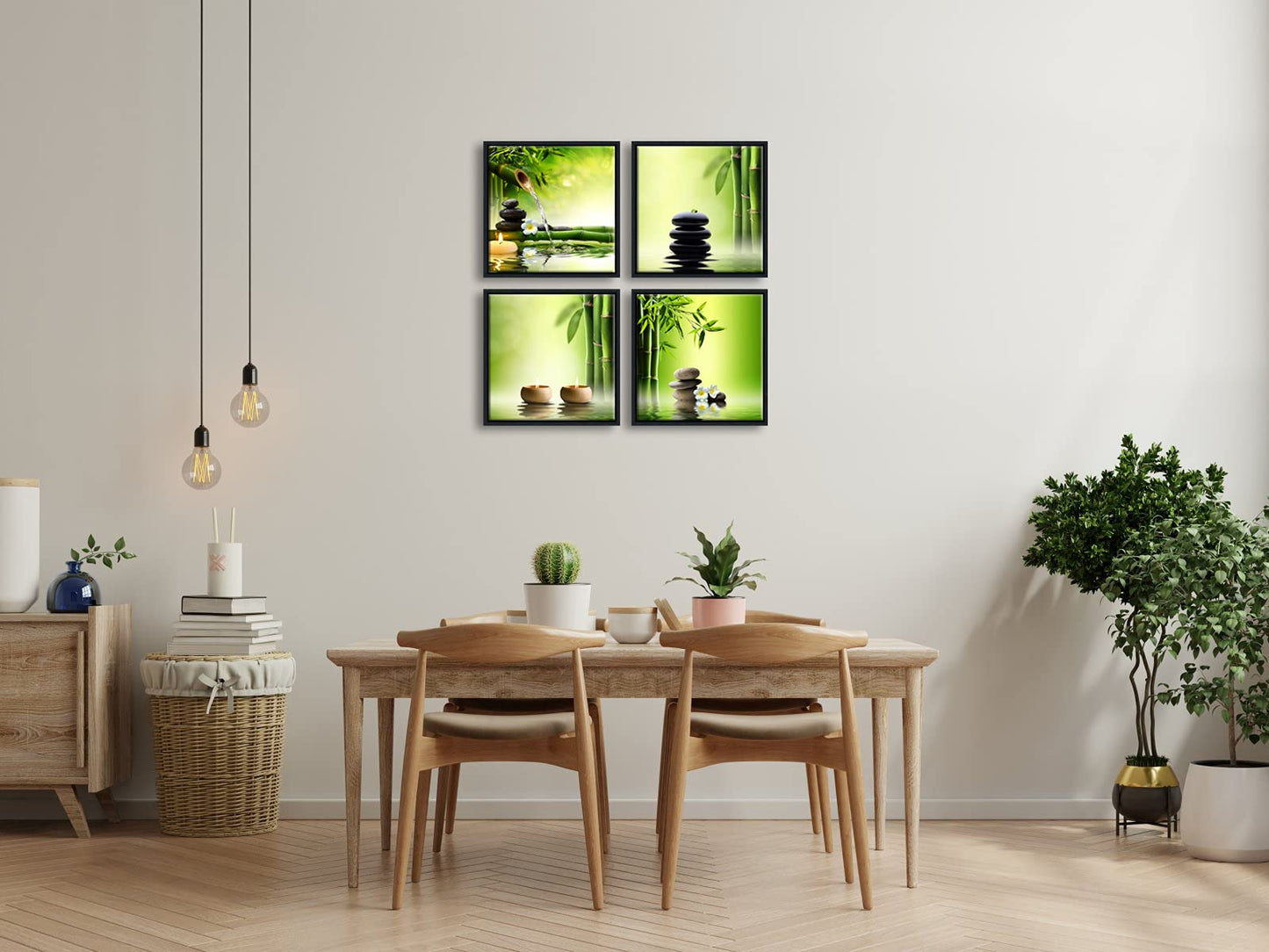 Pyradecor 4 Panels Framed Canvas Wall Art Contemporary Zen Canvas Prints Perfect Bamboo Green Pictures Paintings Artwork for Home Office Decorations