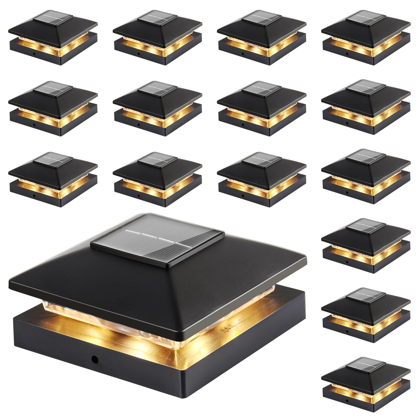 Solar Post Cap Lights Outdoor 16-Pack, Black Waterproof Solar Powered Deck Fence Lights Fit 4x4 Wood/Vinyl Posts, Bright Warm White for Patio, Porch
