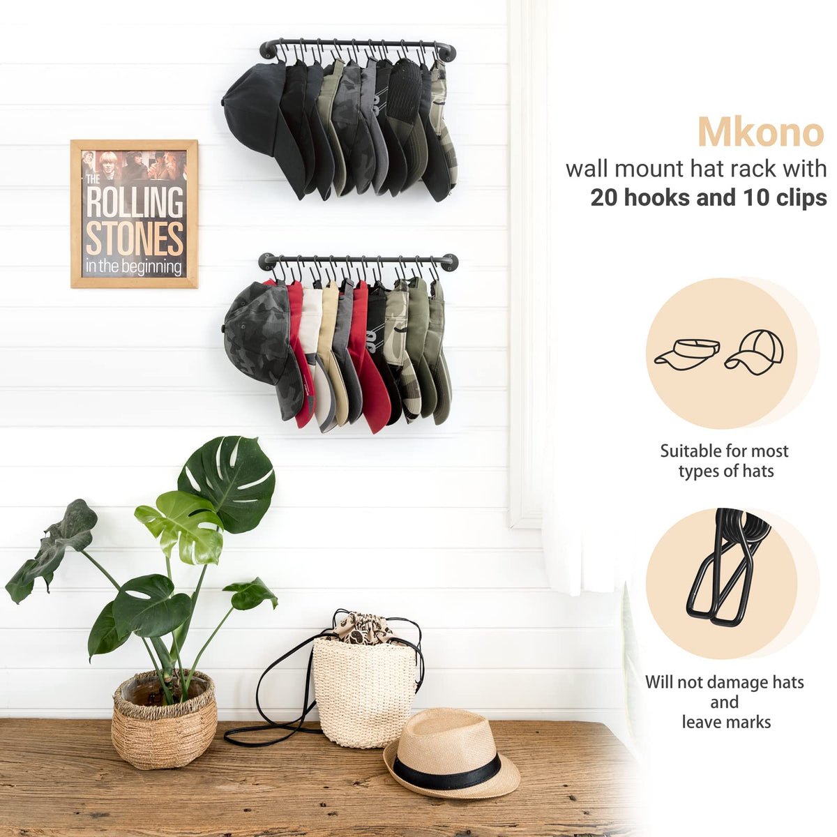 Mkono Hat Rack for Wall Baseball Cap Organizer Hanger with 20 Hooks Modern Metal Hat Holder Wall-Mounted Caps Display for Closet Door Bedroom Entryroom Laundry, Set of 2 Black