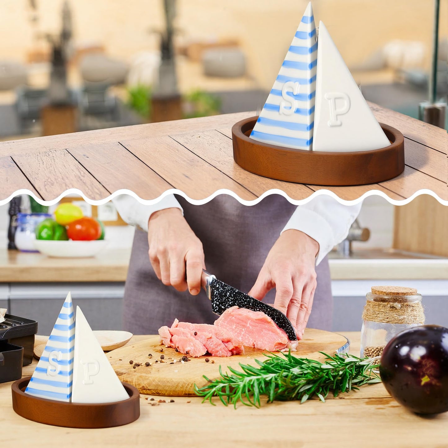 Qinyoung Ceramic Sailboat Salt and Pepper Shaker with Wooden Tray Blue White 5 Inch Kitchen Table Home Furnishings for Nautical Theme Party Summer Event