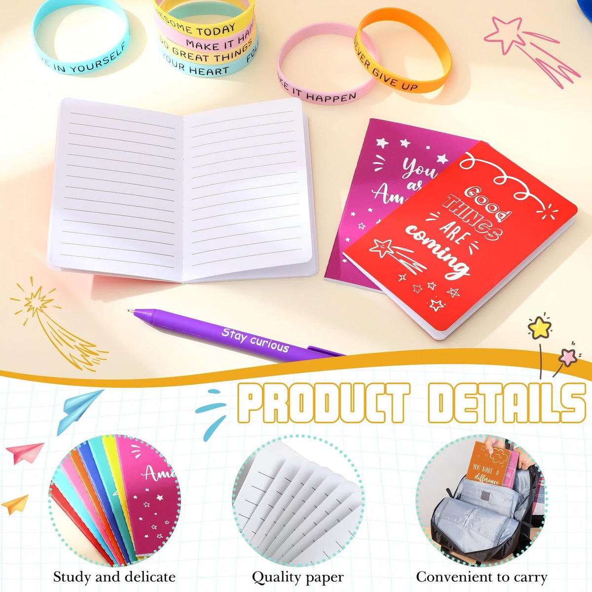 PerKoop 64 Pcs Inspirational Gifts Bulk 16 Motivational Notebooks Journal 16 Ballpoint Pens 16 Wristbands 16 Keychains for Teacher Office Women Employee Party Favor(Watercolor)