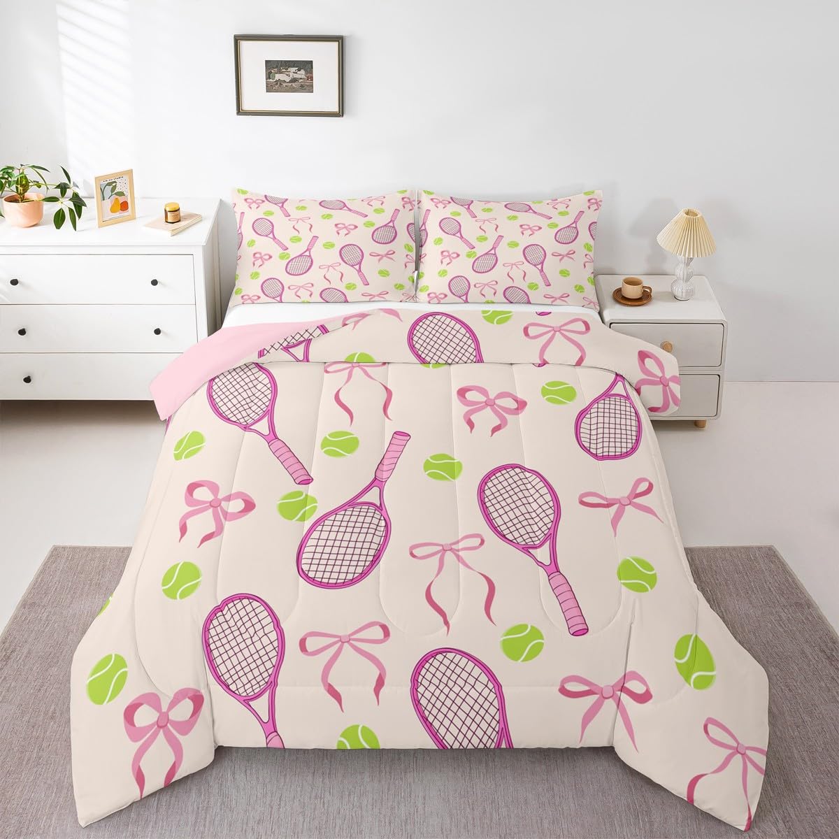 Tennis Kids Full Comforter Sets,Girls Sport Cute Bowknot Reversible Bedding Set for Boys Teens,Outdoor Sport Ball Game Quilt Set 3 PCS,Pink Yellow Cute Princess Duvet Insert,2 Pillow Cases